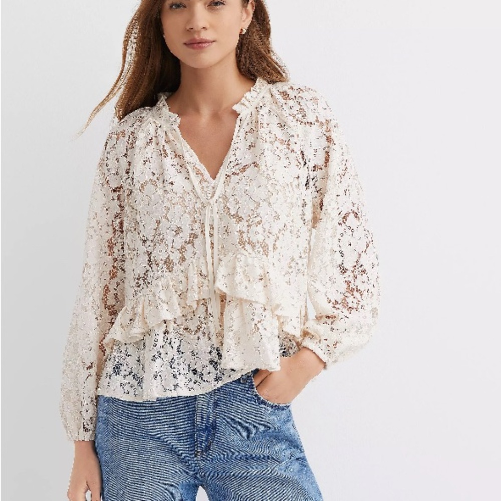 LOFT Lace Peplum Blouse NWT Cream Tie Front Romantic Cottagecore Top Size Small - Picture 2 of 10